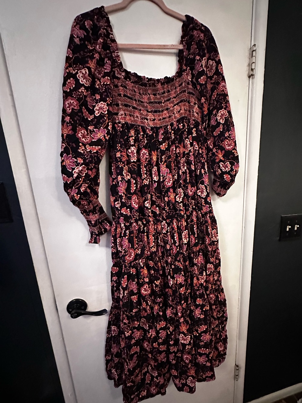 Free People Black Floral Smocked Midi Dress with Pink Accents